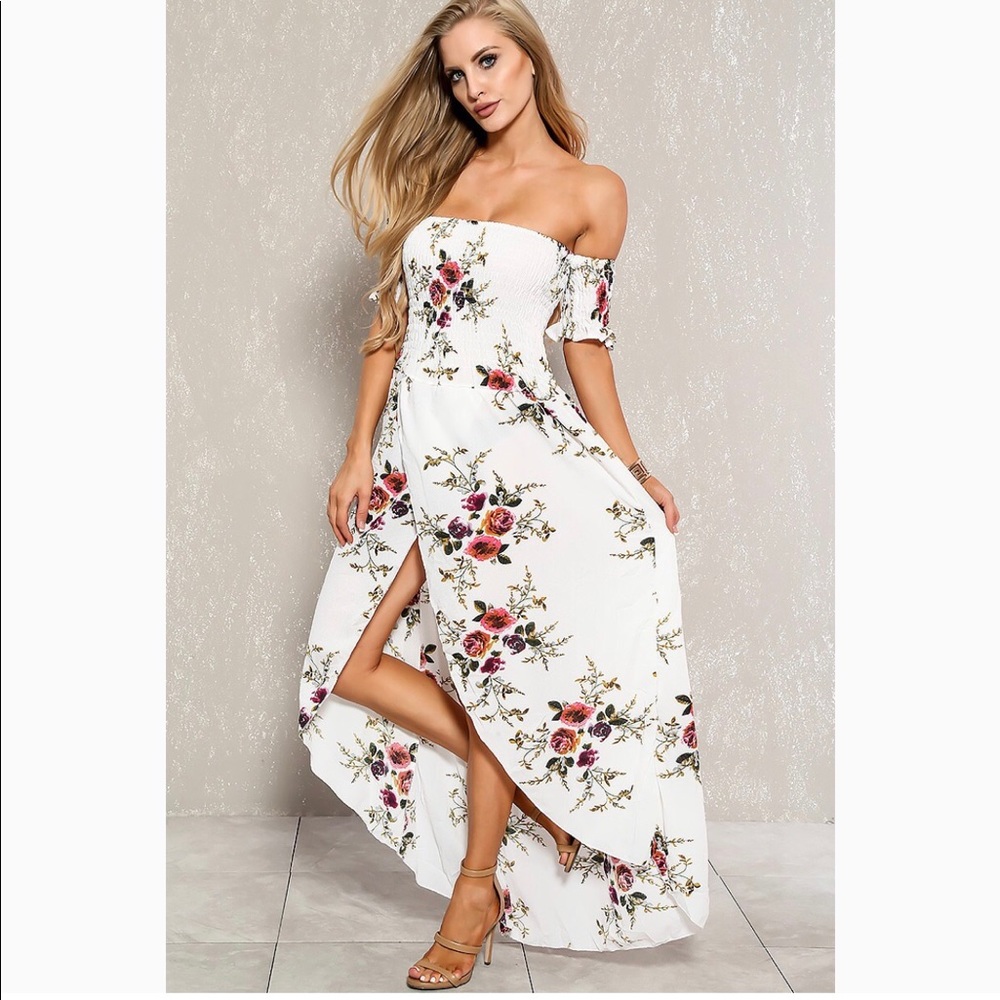 White floral off-the-shoulder high-low maxi dress